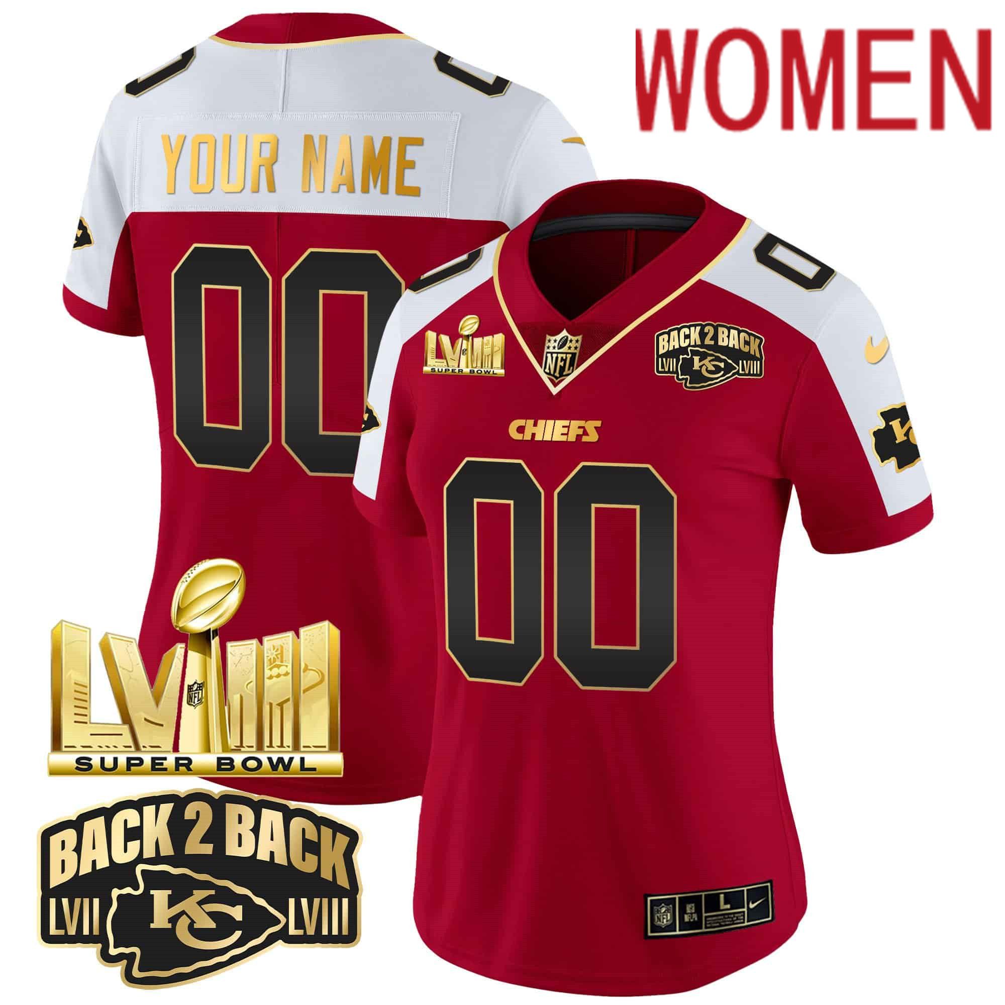 Women Kansas City Chiefs Red 2024 Nike Super Bowl LVIII & Back-2-Back Gold Patch Vapor Custom NFL Jersey